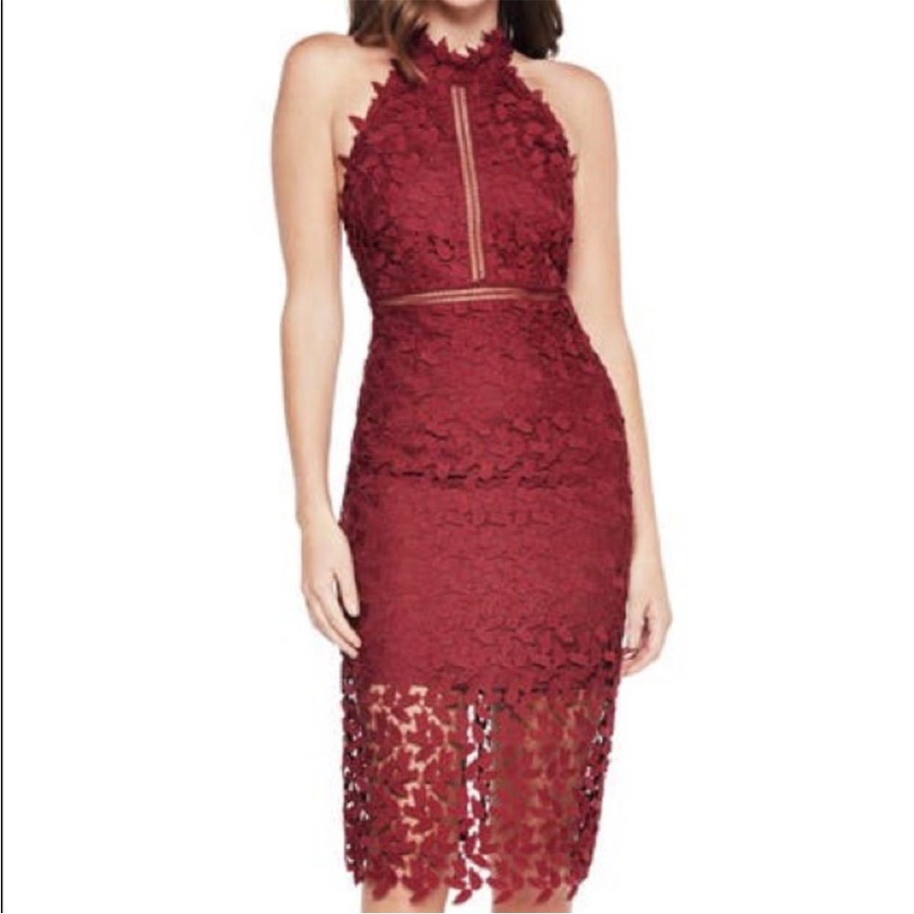 NWOT Bardot Red Lace Illusion Halter Gemma Dress